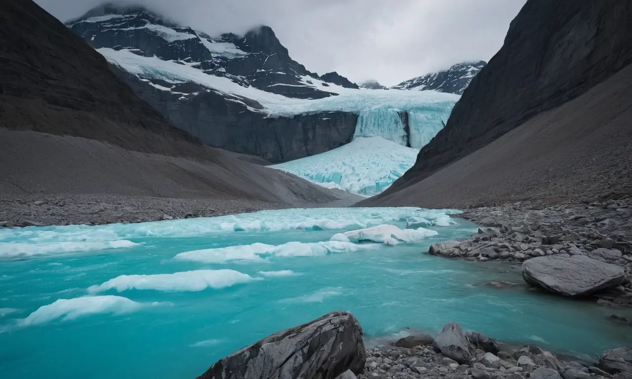 Ilustración para la sección Consecuencias para la Estabilidad de Ríos y Caudales sobre El eco silencioso de los glaciares: ¿Qué nos revelan sobre nuestro futuro?